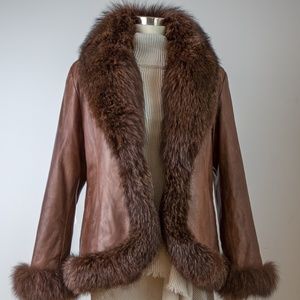 Women's Brown Leather Coat with Fox Trim